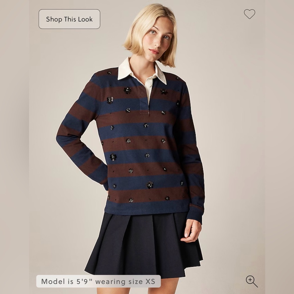 J. Crew Navy and Brown Striped Beaded Rugby Sweater